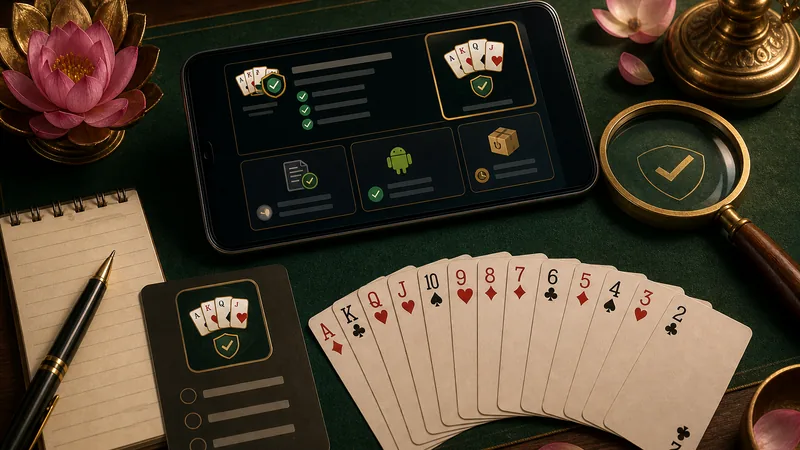 Verification hub desk with Yono Rummy APK source checklist and rummy cards