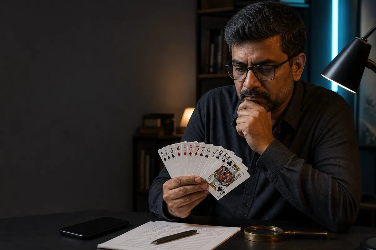 Adult Indian learner checking a physical 13-card hand at a technical source desk