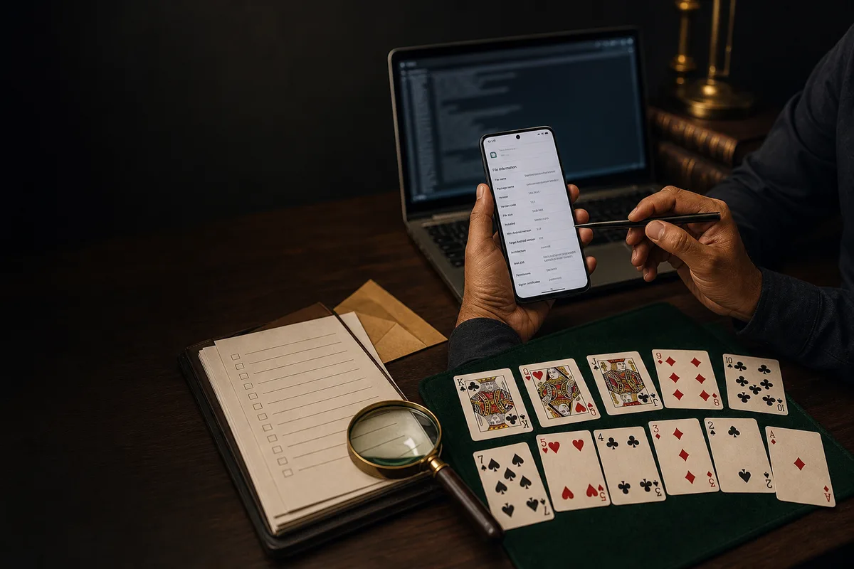 Adult analyst checking an Android APK file at a source-verification desk with real playing cards