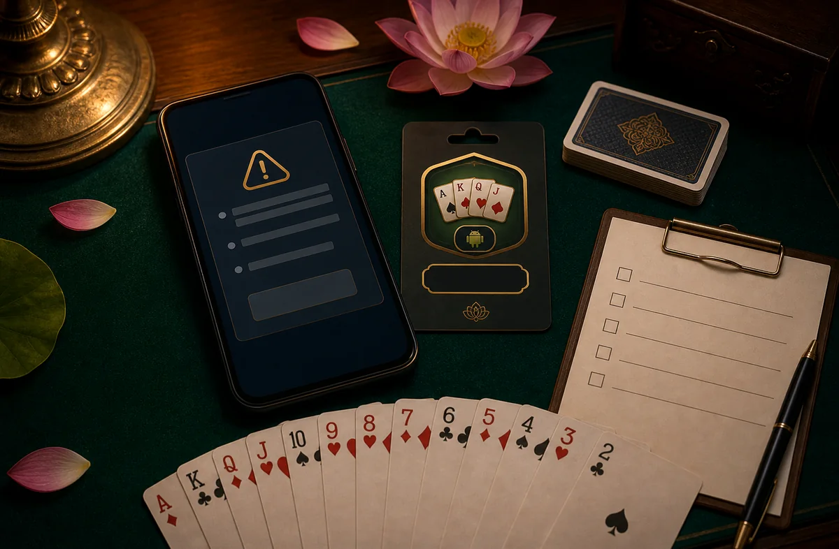 YonoAPKBonus low-end Android loading and cache cleanup desk with phone and card-game practice props
